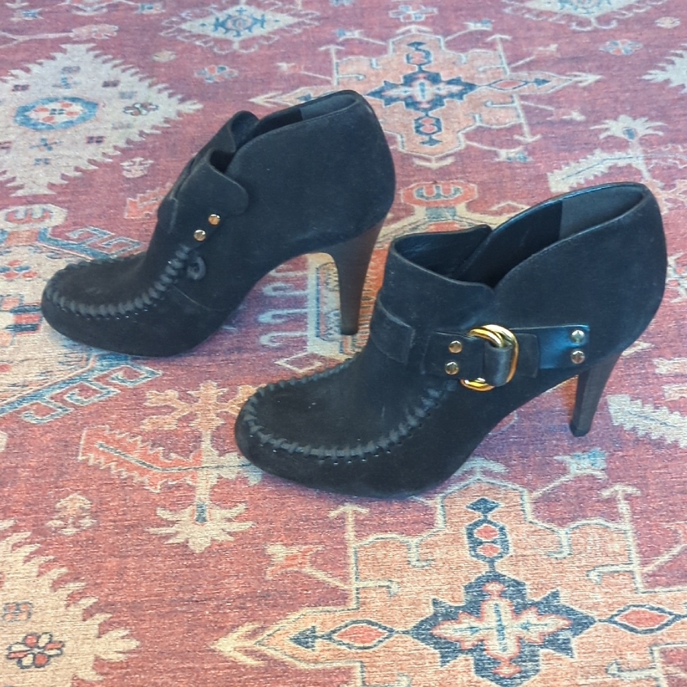 Tory Burch Black Heeled Boots with Gold Buckle